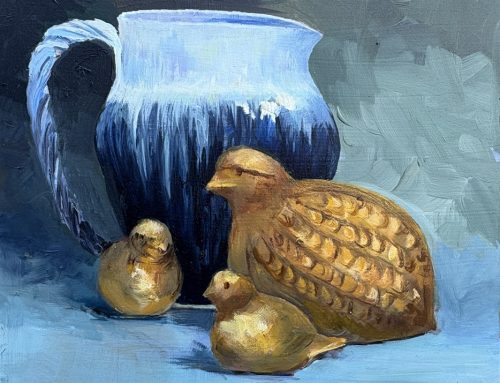 Item 205 Still Life Study- 8″x8″ Pitcher and Brass Birds