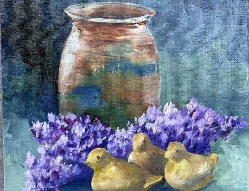 Item 206  8″x8″ Still Life Study – Vase, Lilacs and Three Brass birds
